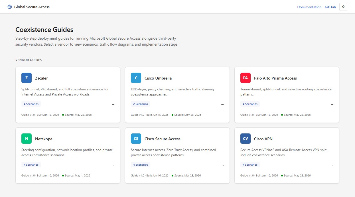 GSA Side-by-Side Assistant landing page showing coexistence guides for Zscaler, Cisco Umbrella, Palo Alto Prisma Access, and Netskope