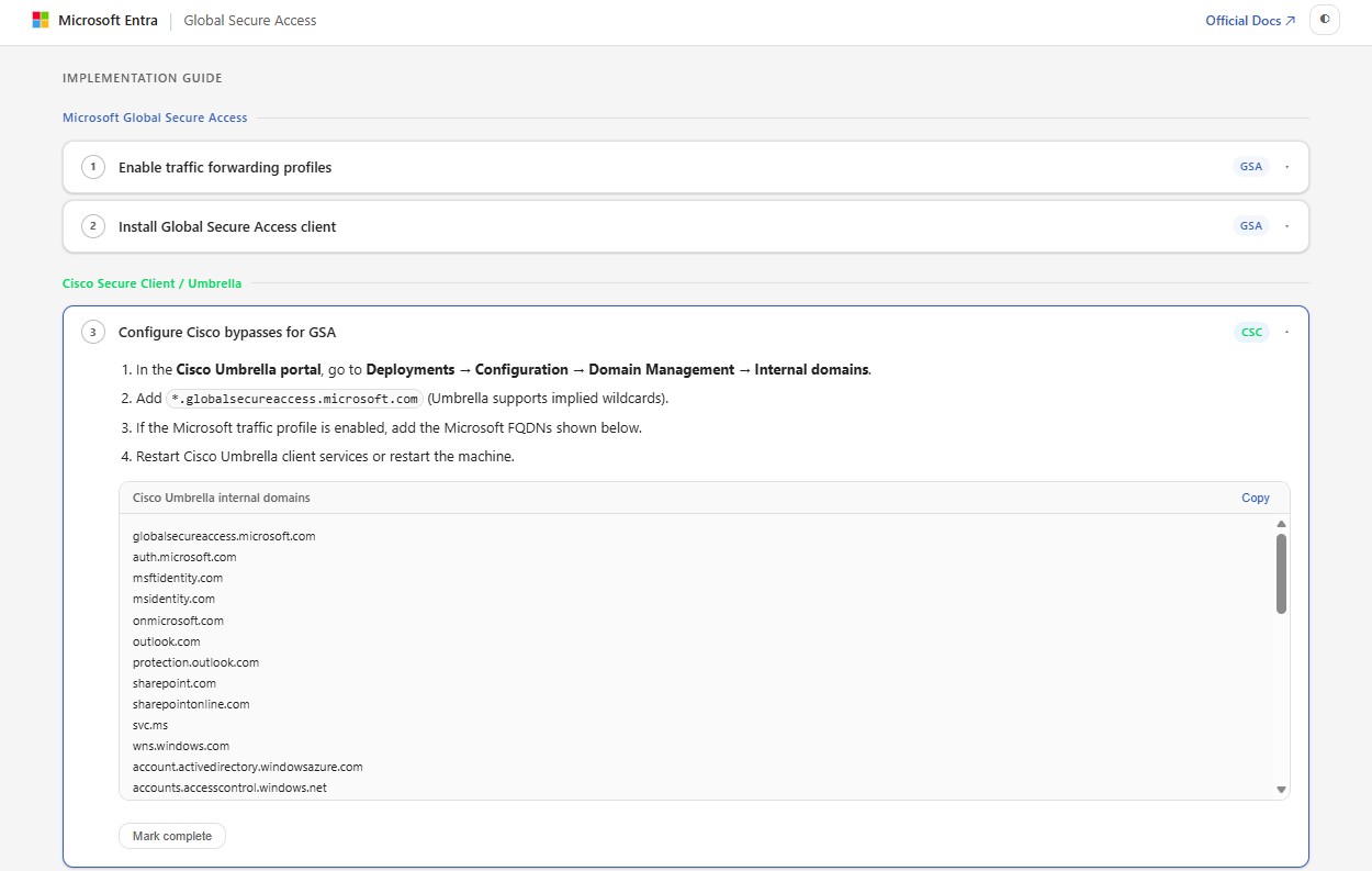 Step-by-step GSA coexistence implementation with expandable instructions and copy-to-clipboard config blocks