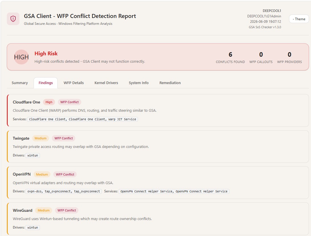 Findings tab — per-vendor conflict details