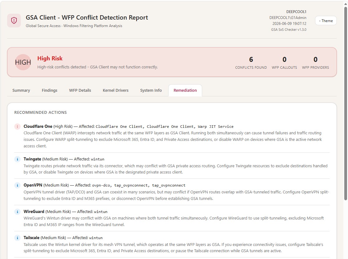 Remediation tab — vendor-specific actions and diagnostic commands